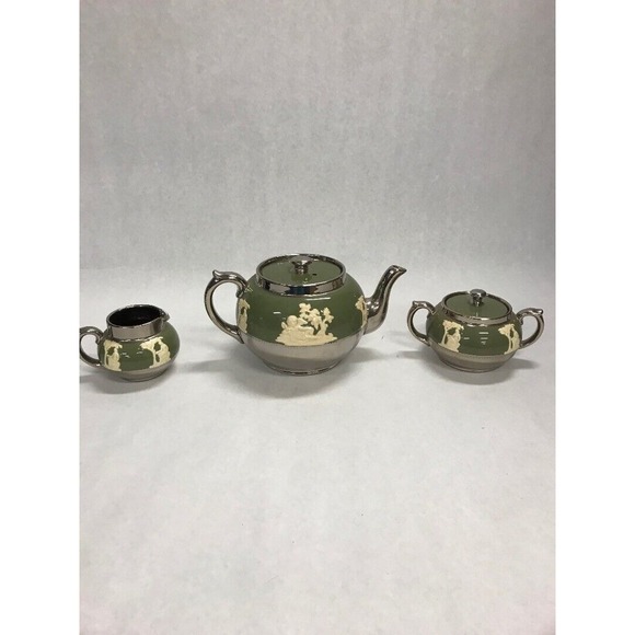 3 piece VINTAGE GIBSON STAFFORDSHIRE ENGLISH TEA SET Lustre Green silver Eng.